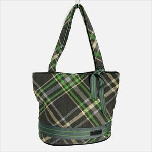 Thirty One Fully Lined Zip Closure Small Plaid Fabric Tote Ribbon Detail 💚🩶💛